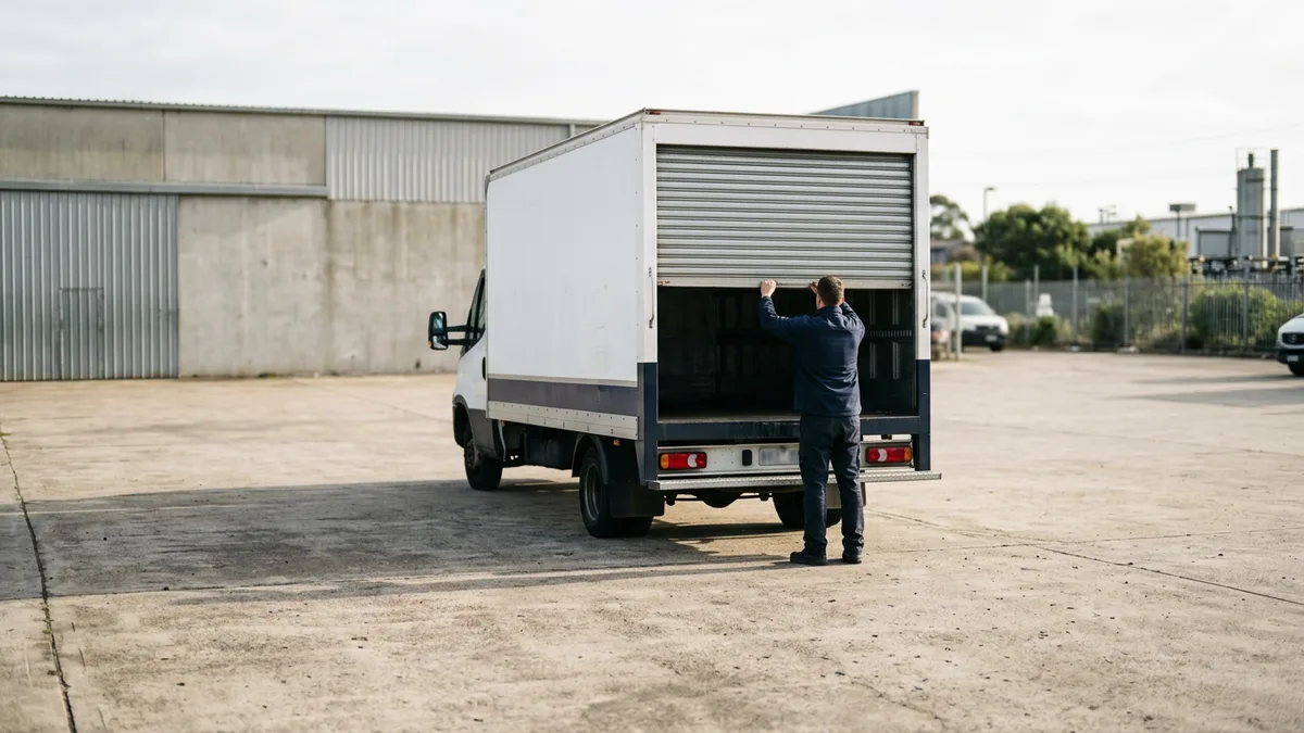 Delivery driver lowering the rear door of a box truck in a commercial yard