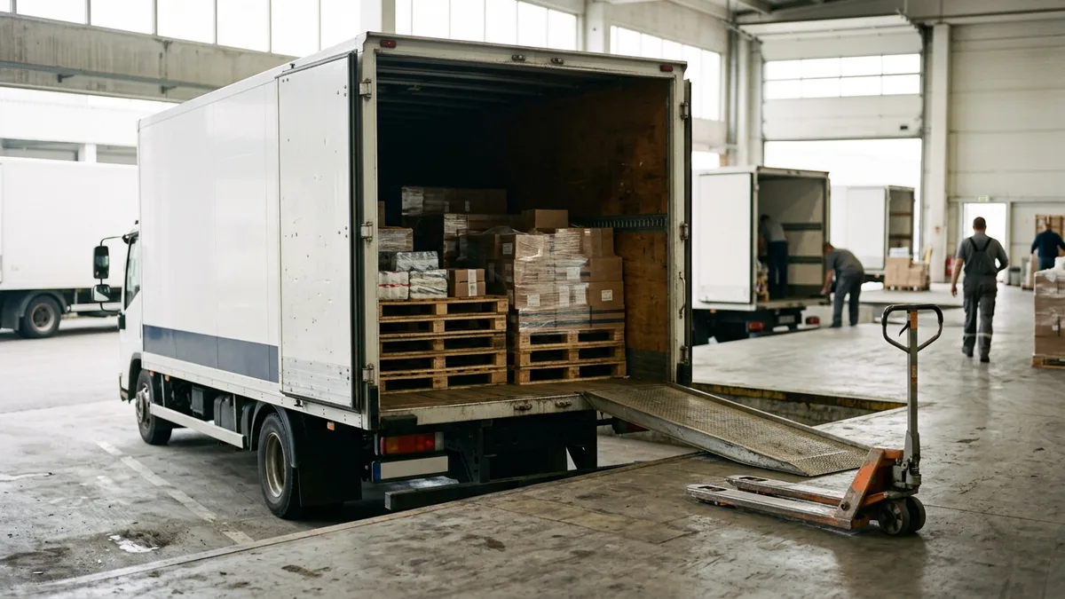 Open rear of a box truck loaded with stacked wooden pallets beside a loading ramp