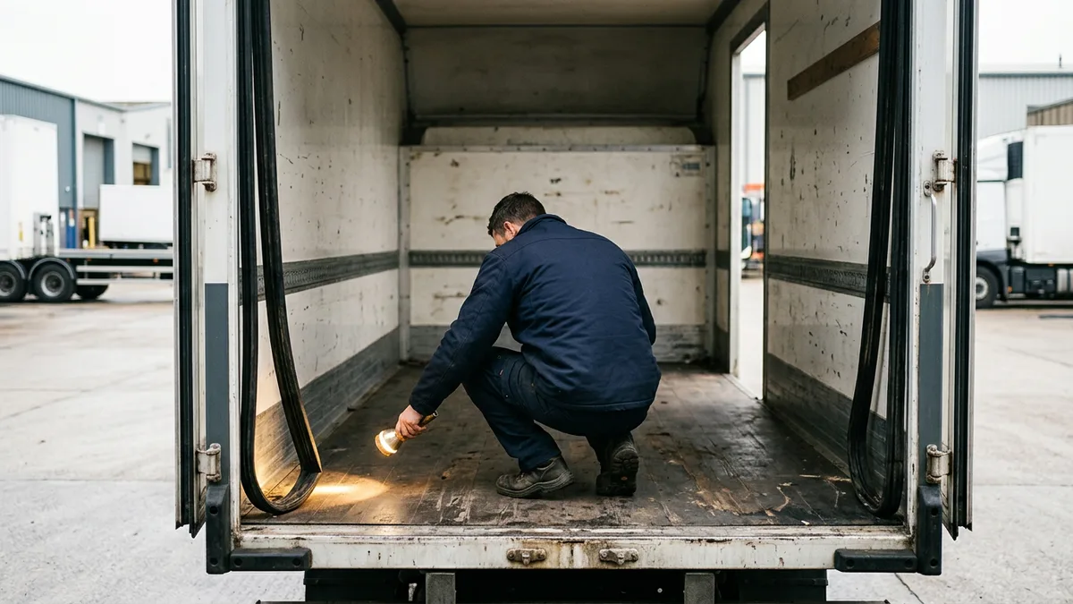 Person with a flashlight inspecting the empty cargo box of a used box truck