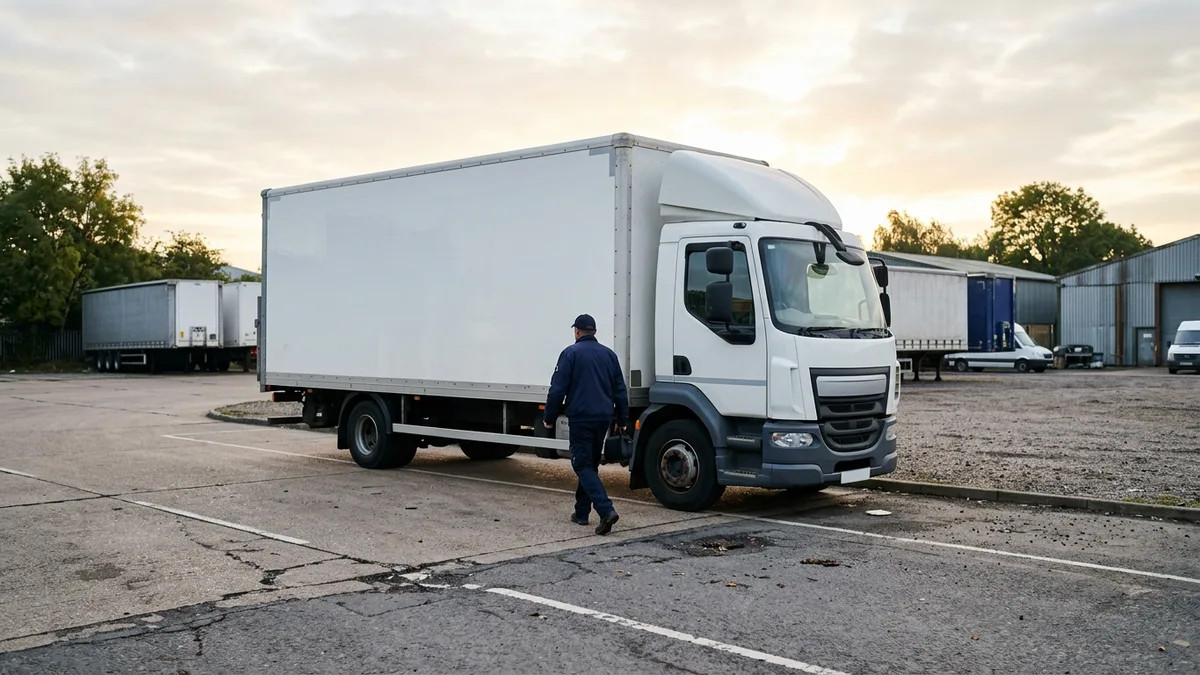 Box truck parked in a commercial yard in early morning light