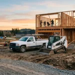 White pickup truck and compact track loader at a residential framing site at sunrise
