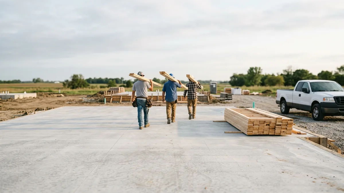 Framing crew carrying lumber across a new house slab in morning light