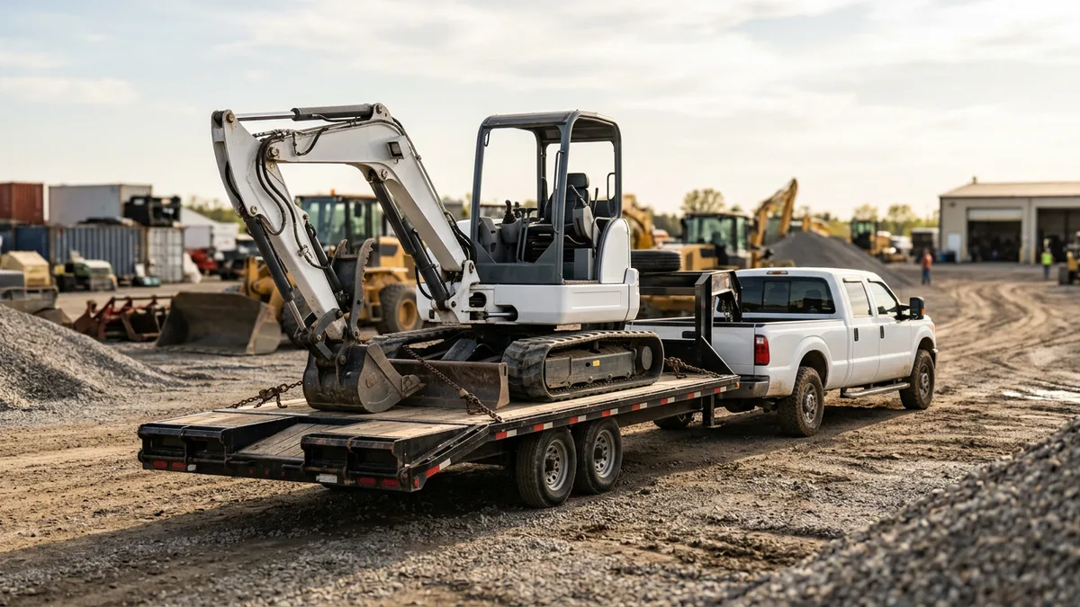 Compact excavator loaded on a trailer at a gravel equipment yard