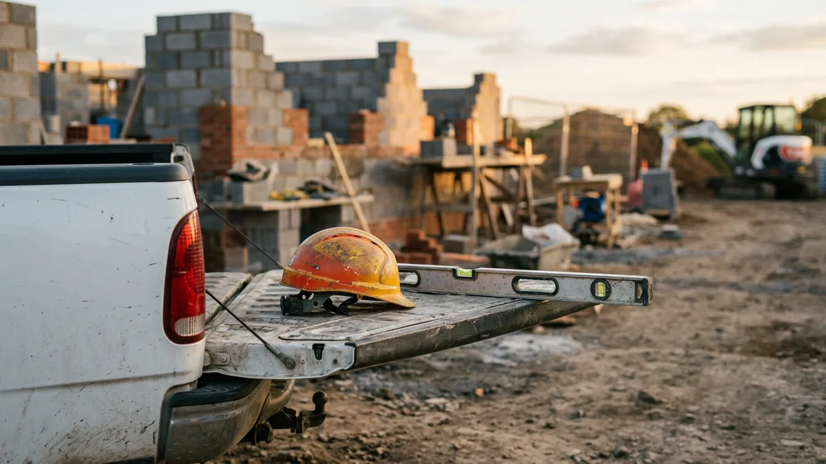 Hard hat and level on a pickup tailgate at the end of a work day