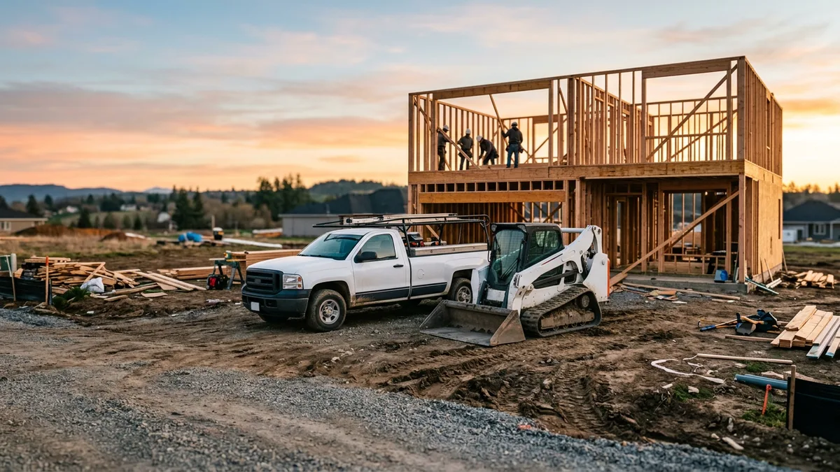 White pickup truck and compact track loader at a residential framing site at sunrise