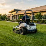Zero-turn mower cutting a wide lawn beside a low office building at golden hour