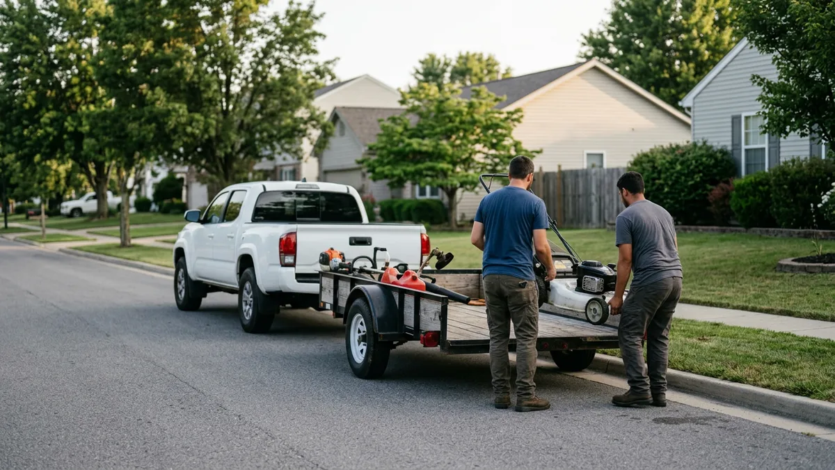 Two landscapers loading a walk-behind mower onto an open trailer behind a pickup truck