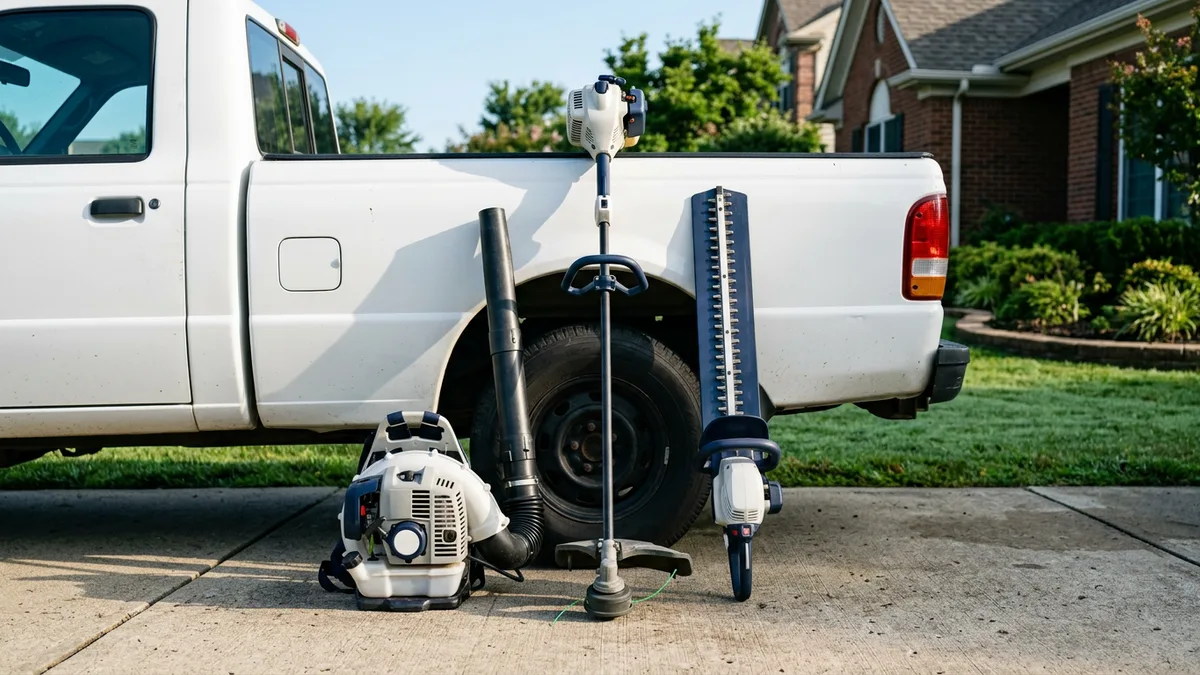 Backpack blower, string trimmer and hedge trimmer leaning against a pickup truck