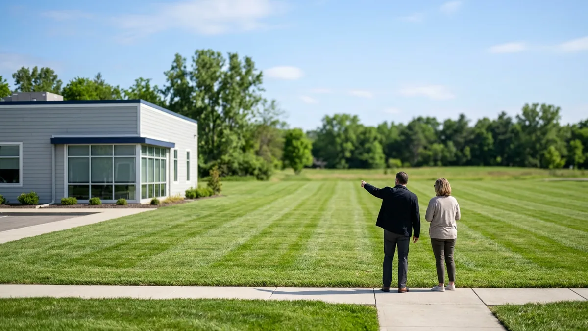 Landscaper and a property manager reviewing a lawn at a small office building