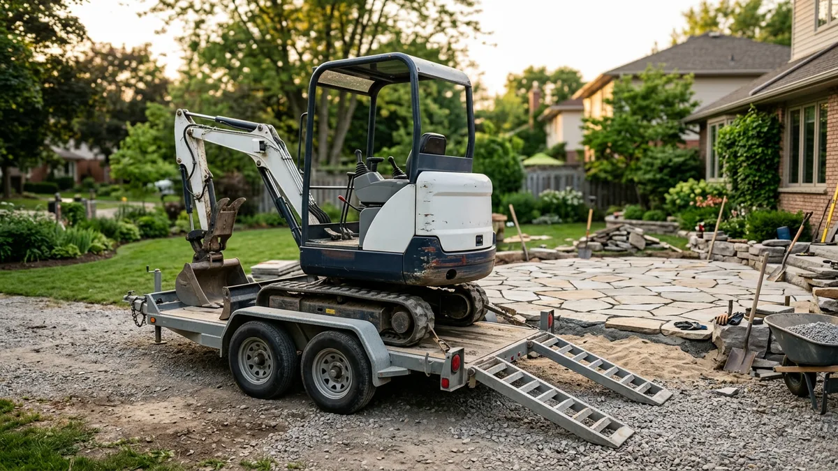 Mini excavator on a trailer beside a half-built stone patio in a backyard