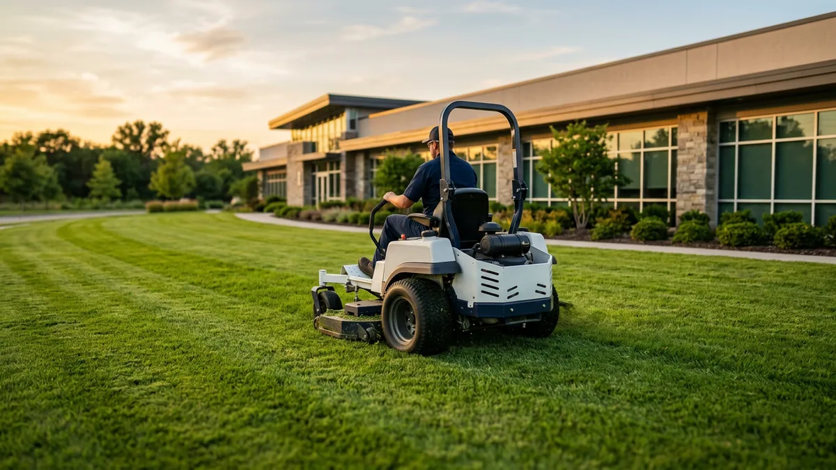 Zero-turn mower cutting a wide lawn beside a low office building at golden hour