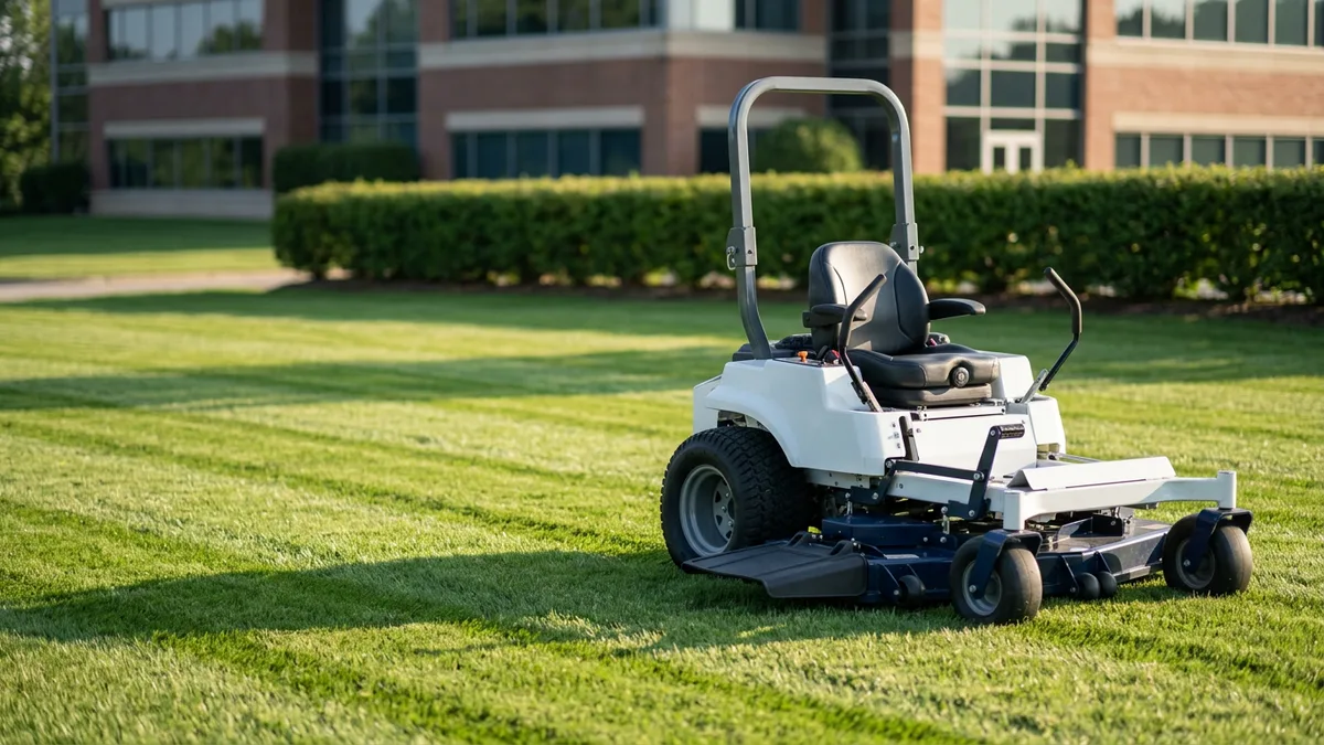 White commercial zero-turn mower on a freshly cut lawn in early morning light