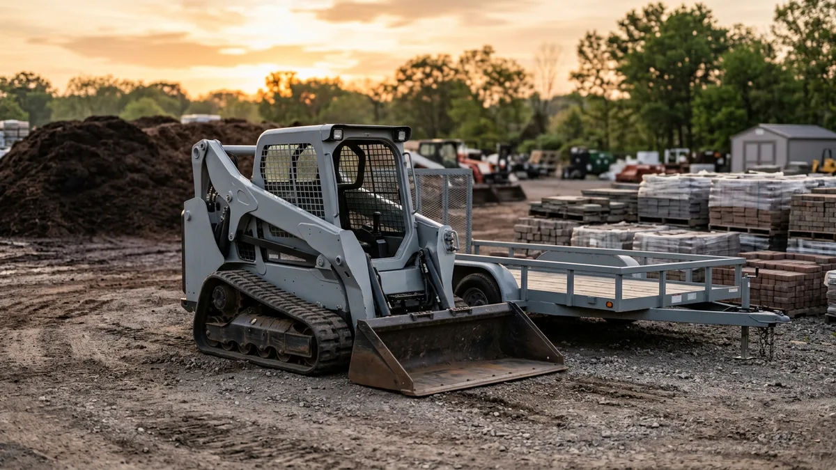 Compact track loader parked beside an open utility trailer at a landscaping yard