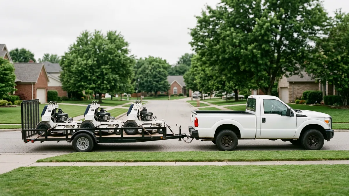 Row of commercial mowers on an open trailer behind a pickup truck