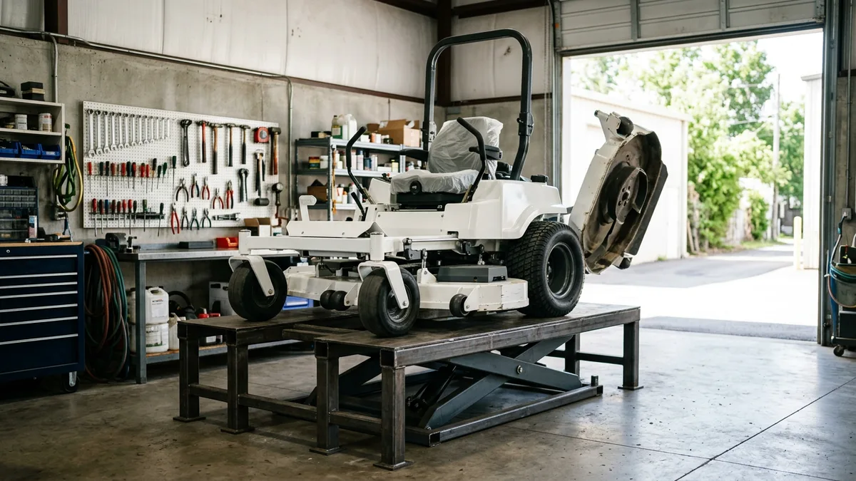 Commercial mower raised on a service bench in an equipment shop