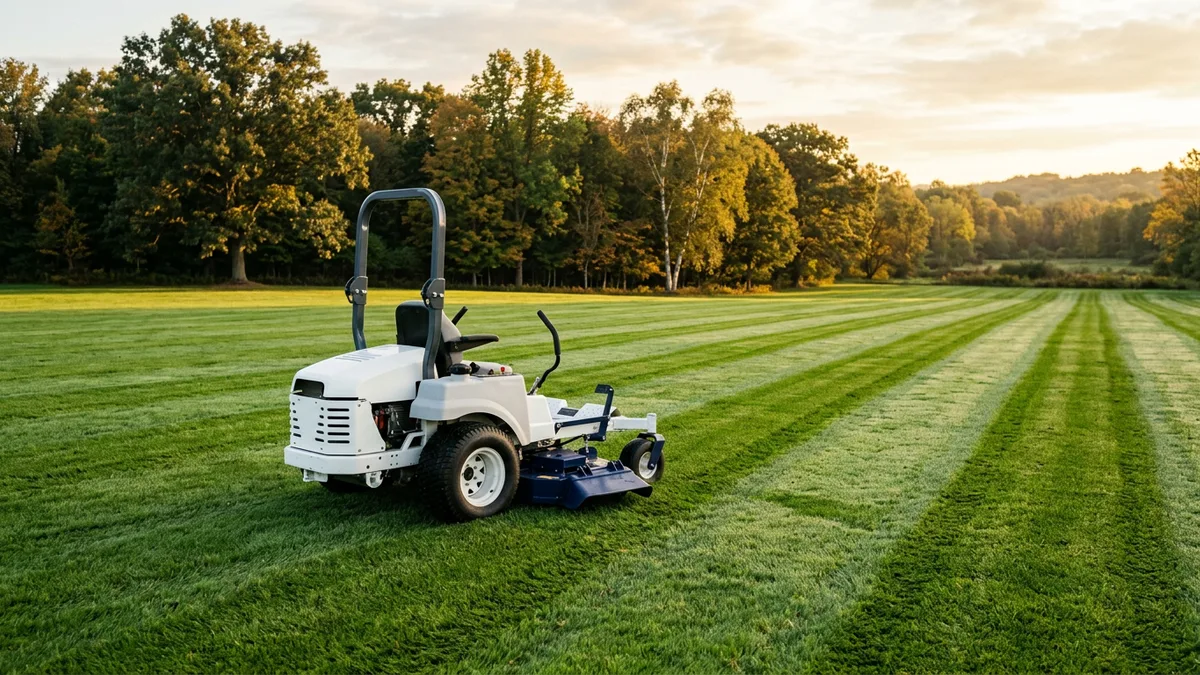 White commercial zero-turn mower on a freshly cut lawn at sunrise