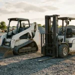 Compact track loader and forklift parked side by side on a gravel yard