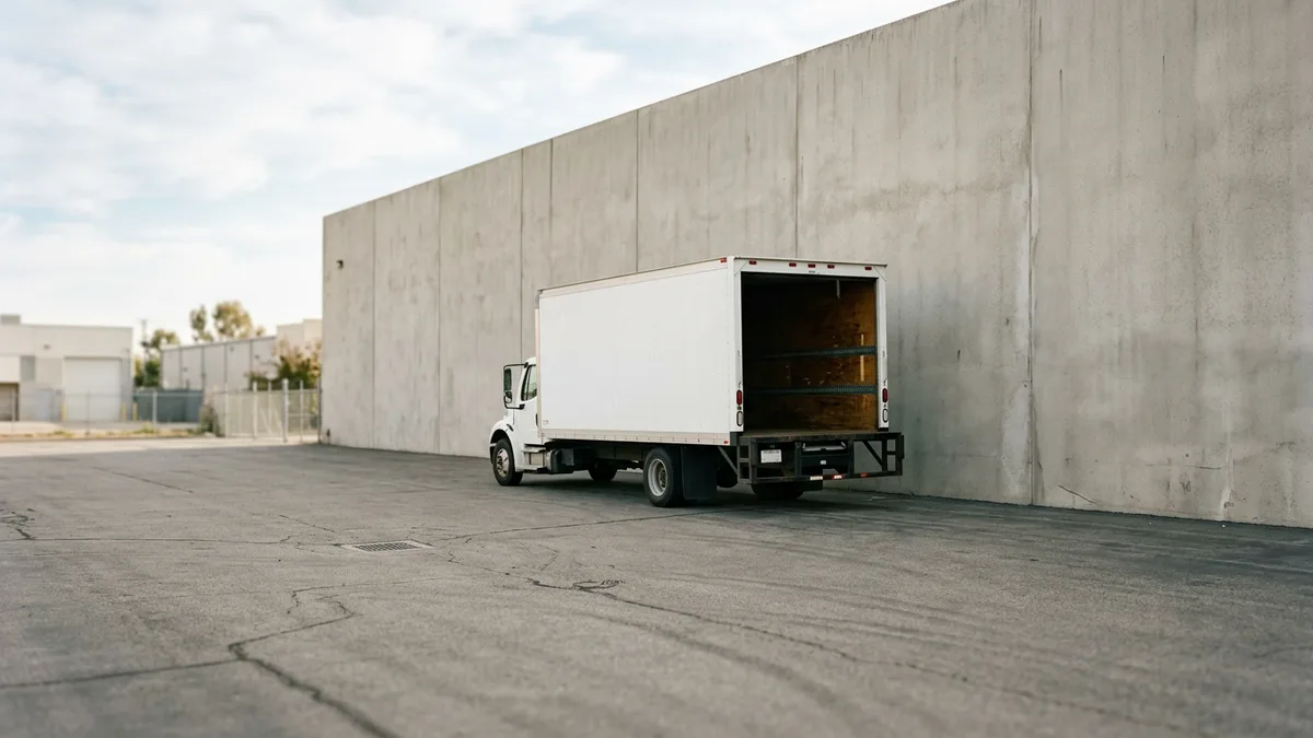 Box truck parked on an empty paved yard beside a warehouse wall with its rear door open
