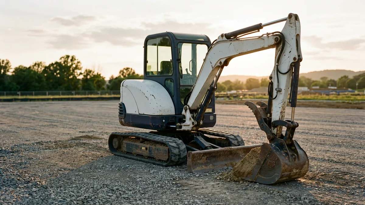 Used mini excavator with a worn bucket parked on a gravel lot in late afternoon light