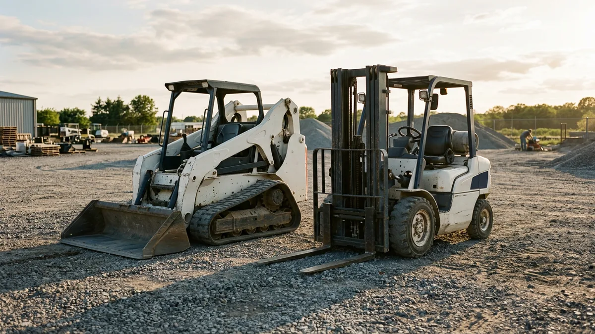 Compact track loader and forklift parked side by side on a gravel yard