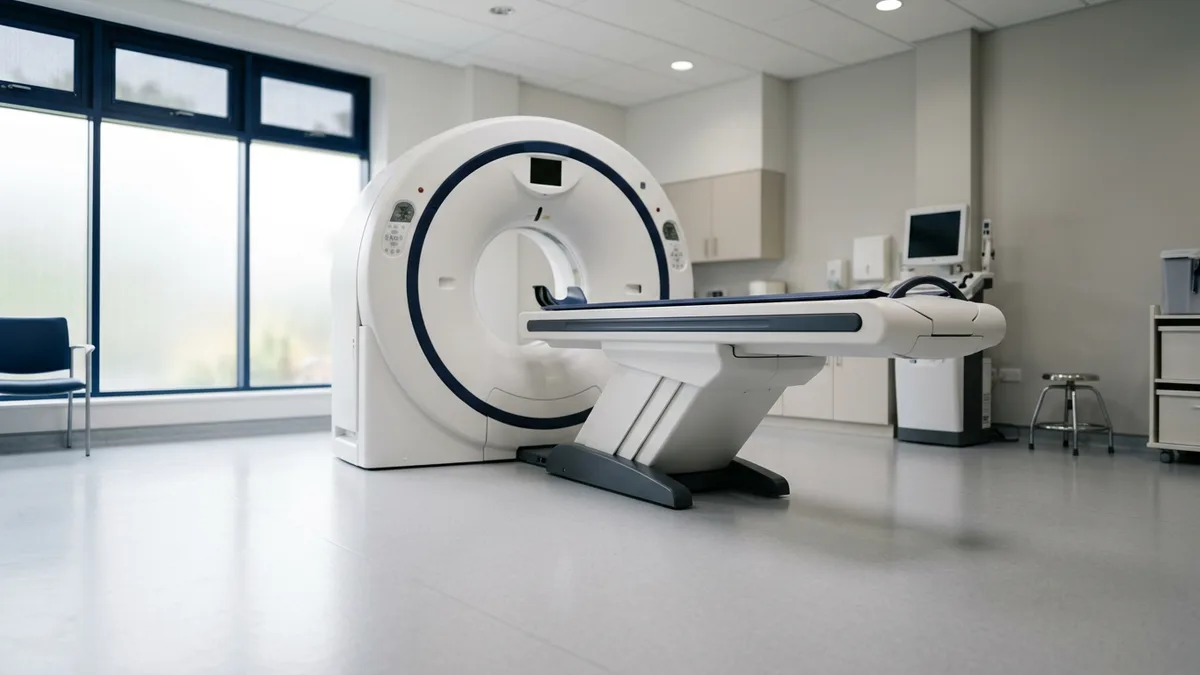 White CT scanner in a bright, empty outpatient imaging suite