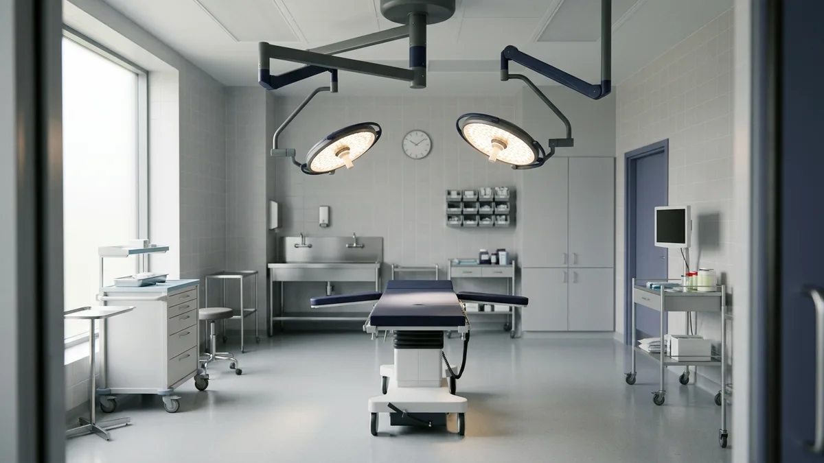 Surgical lights and a procedure table in an empty operating room