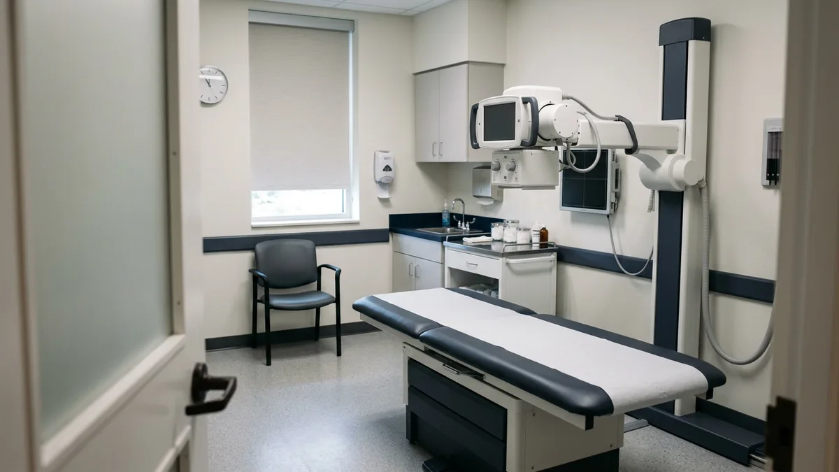 Urgent care exam room with an exam table and a digital X-ray unit