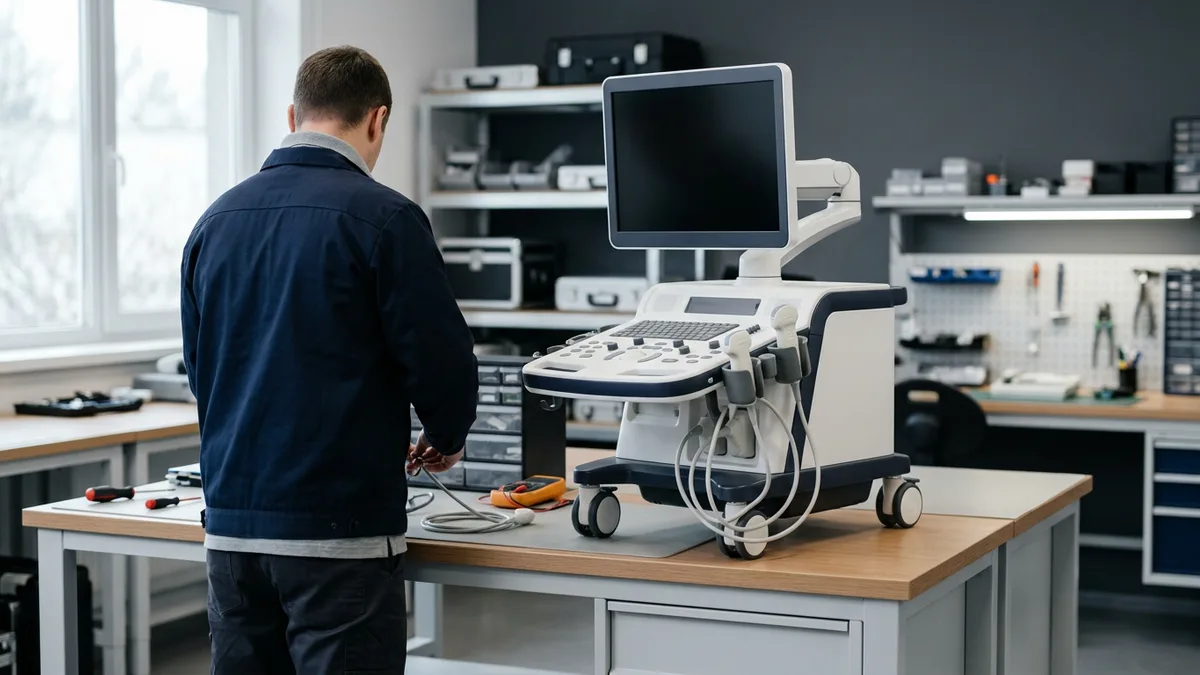 Portable ultrasound cart on a clean service bench in a workshop