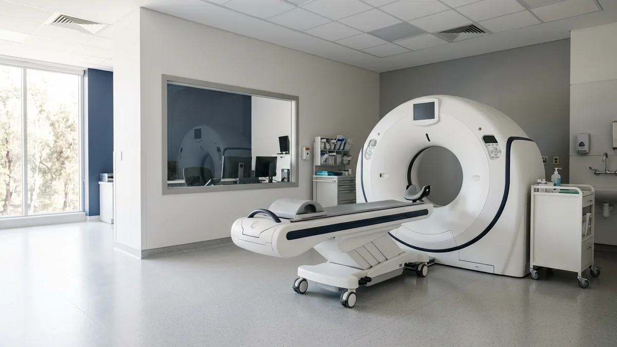 White CT scanner in a bright outpatient imaging suite with daylight