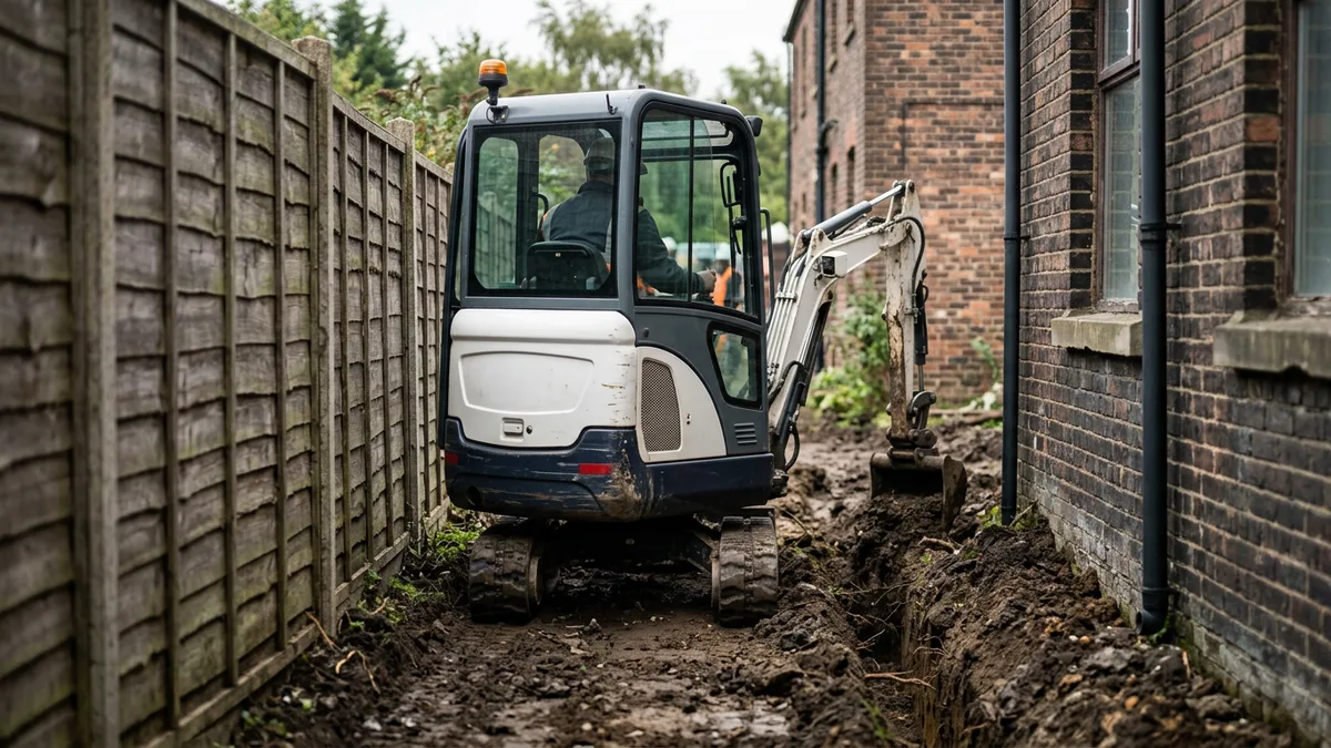 Mini excavator digging a narrow trench between a fence and a building wall in morning light