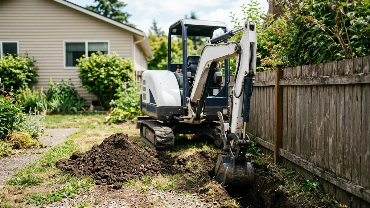 Compact excavator working in a narrow backyard space beside a fence line