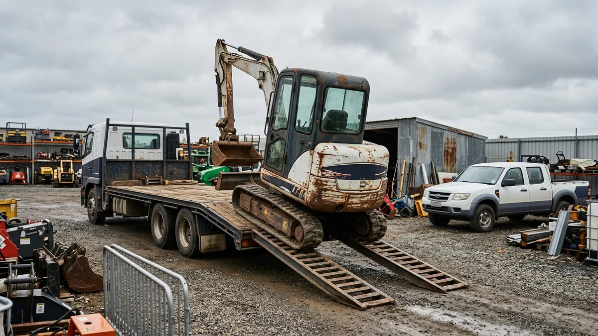 Used compact excavator being loaded onto a flatbed trailer at an equipment yard