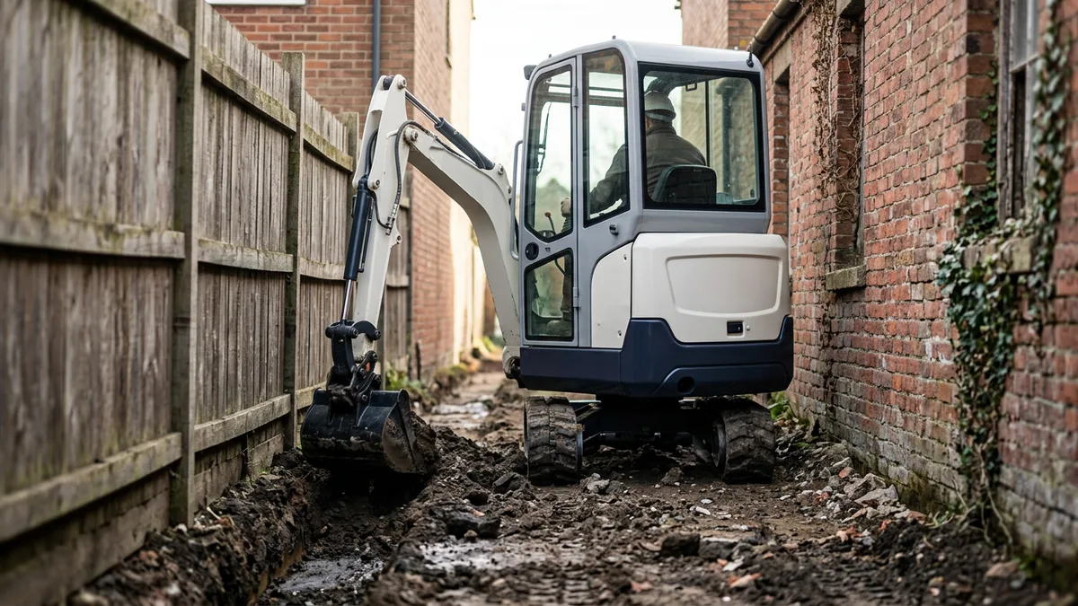 Mini excavator digging a narrow trench between a fence and a building wall in morning light