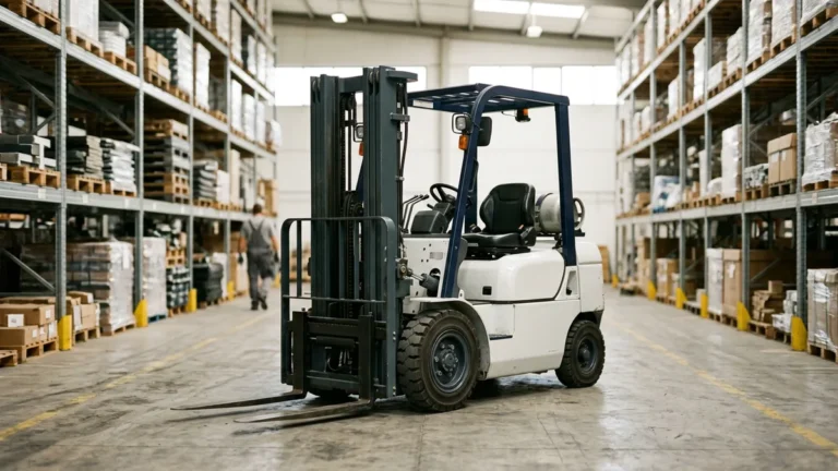 Forklift parked in a warehouse aisle between tall racking