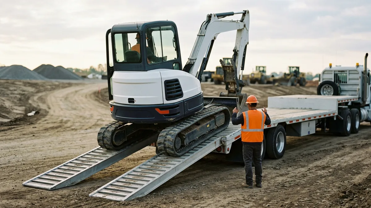 Compact excavator being driven onto a flatbed trailer at a job site