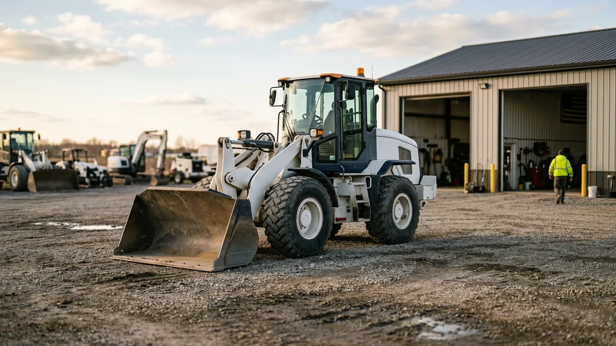 Wheel loader parked in a work yard beside a maintenance shop