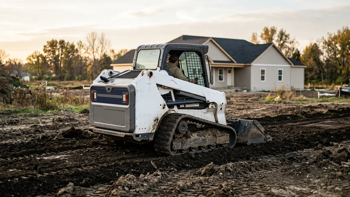 Compact track loader grading a residential lot in early morning light