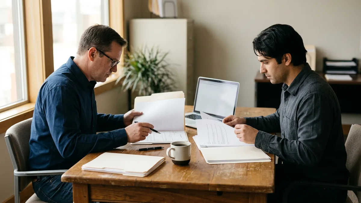 Business owner and a lender reviewing loan paperwork at a desk