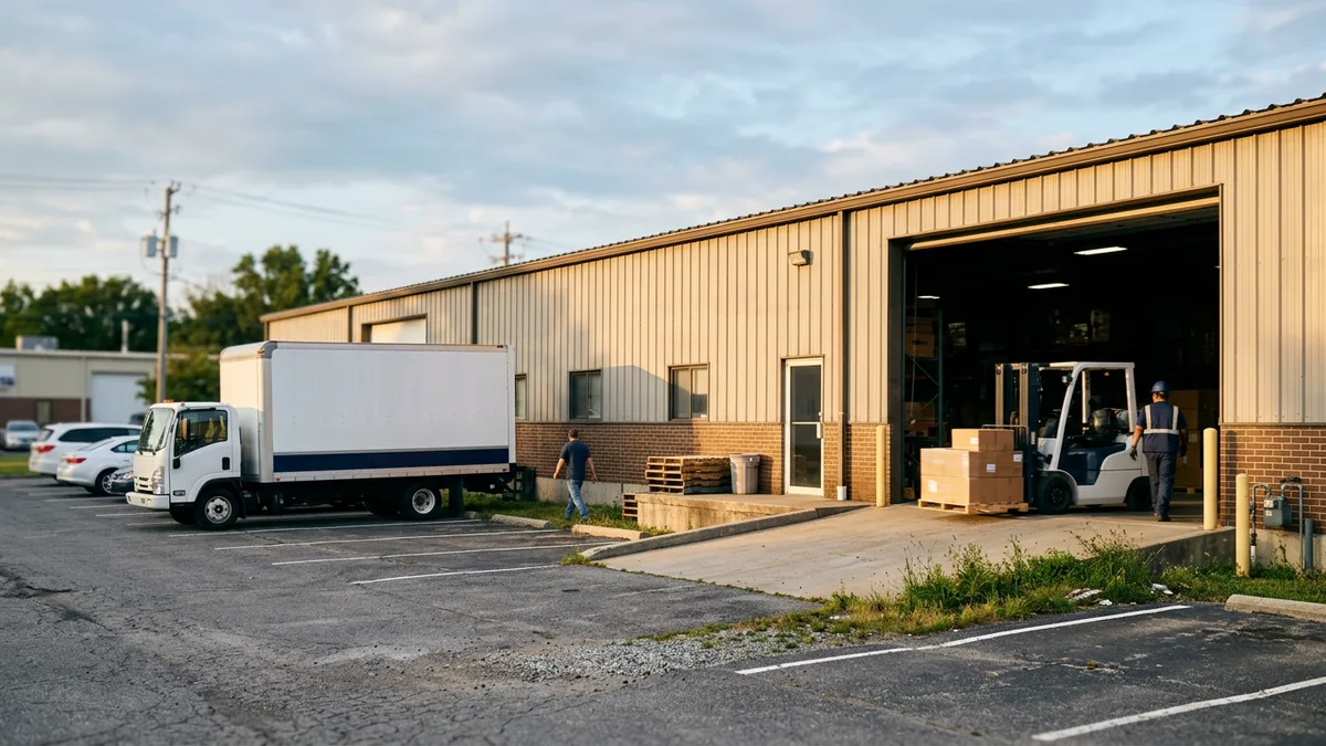 Warehouse facility with a box truck and forklift visible through an open bay door