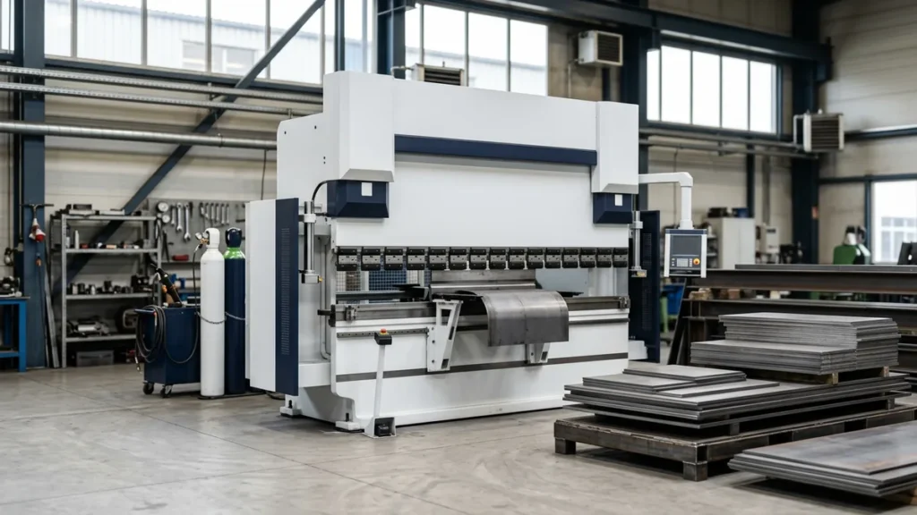 White industrial press brake machine in a tidy metal fabrication shop