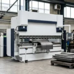 White industrial press brake machine in a tidy metal fabrication shop