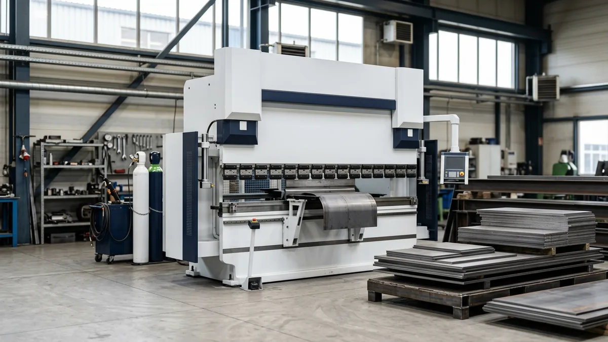 White industrial press brake machine in a tidy metal fabrication shop