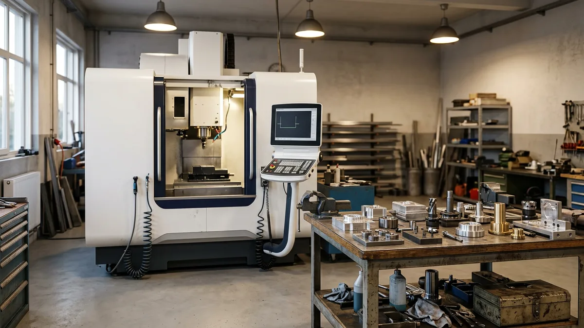 White CNC machining center in a small machine shop with finished metal parts on a workbench