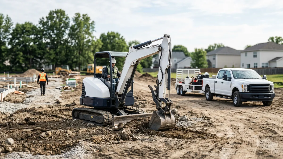 Compact excavator on a graded building site with a pickup truck and trailer parked behind it