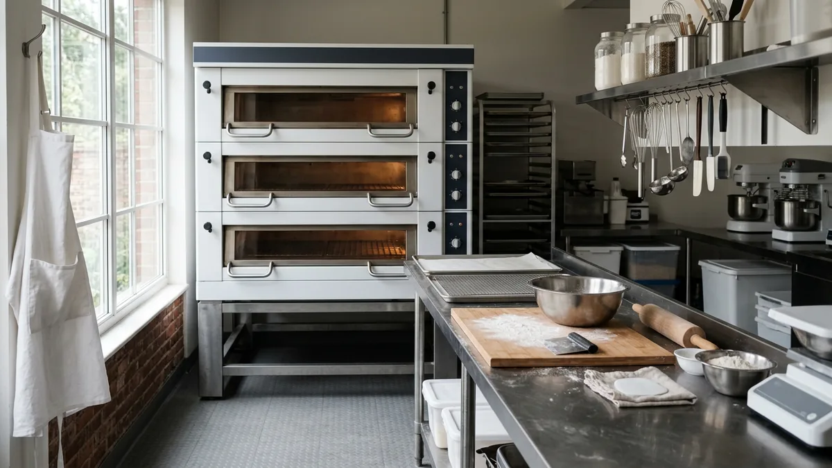 Commercial bakery kitchen with a deck oven and stainless steel prep tables