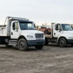 Dump truck and flatbed truck parked side by side on a gravel yard in early morning light