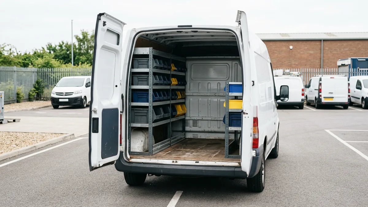 Cargo van with its rear doors open showing permanent steel shelving and tool bins