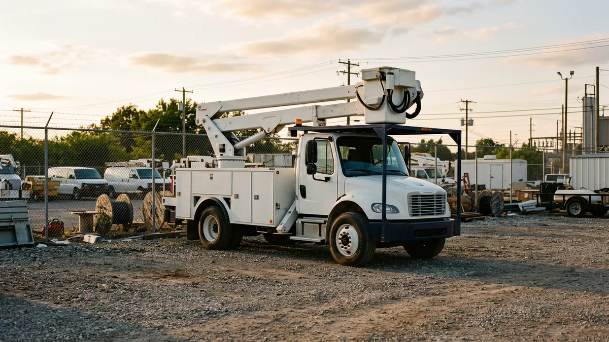Bucket truck with its boom lowered in a fenced utility yard at dusk