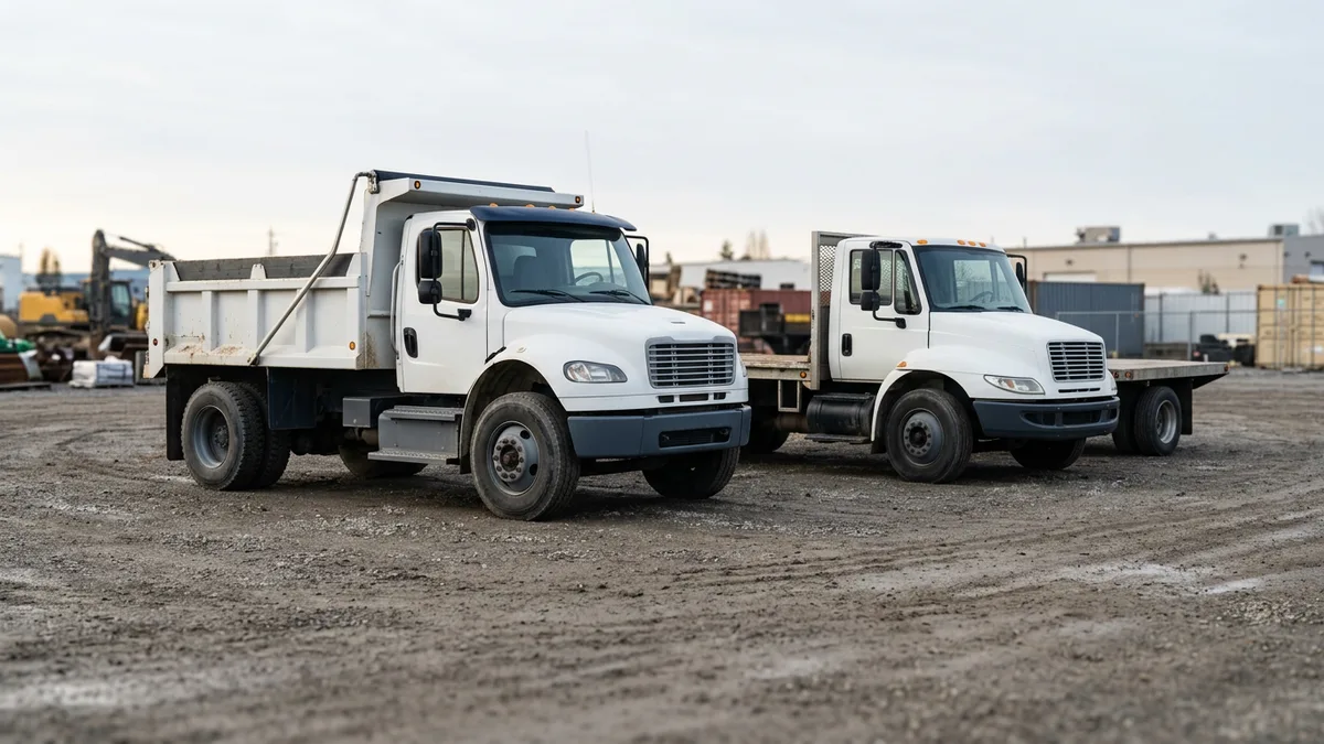Dump truck and flatbed truck parked side by side on a gravel yard in early morning light