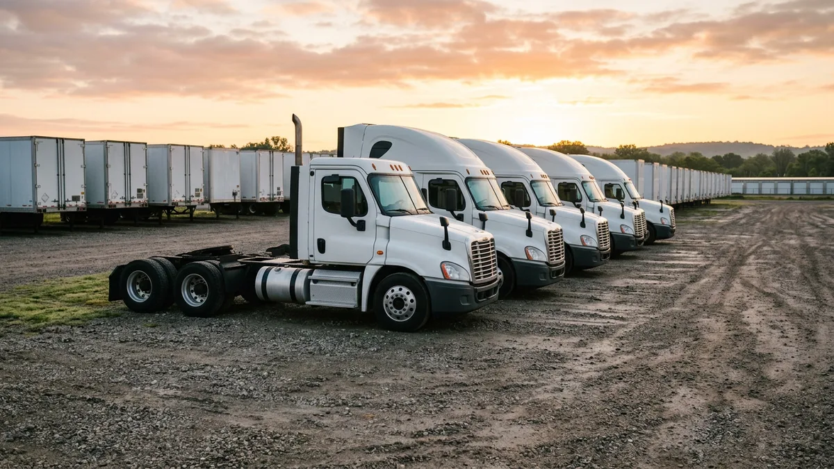 Row of white semi tractors parked on a truck yard at sunrise